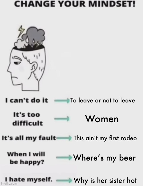Marriage addition | To leave or not to leave; Women; This ain’t my first rodeo; Where’s my beer; Why is her sister hot | image tagged in change your mindset | made w/ Imgflip meme maker
