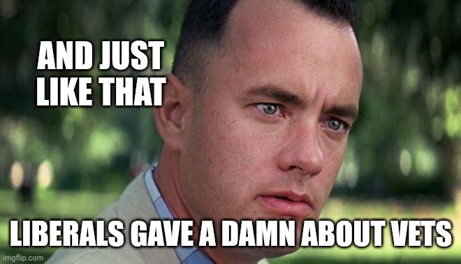 Forest Gump | AND JUST LIKE THAT LIBERALS GAVE A DAMN ABOUT VETS | image tagged in forest gump | made w/ Imgflip meme maker