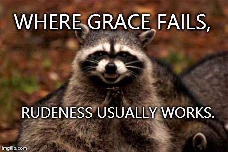 Evil Plotting Raccoon | WHERE GRACE FAILS, RUDENESS USUALLY WORKS. | image tagged in memes,evil plotting raccoon | made w/ Imgflip meme maker