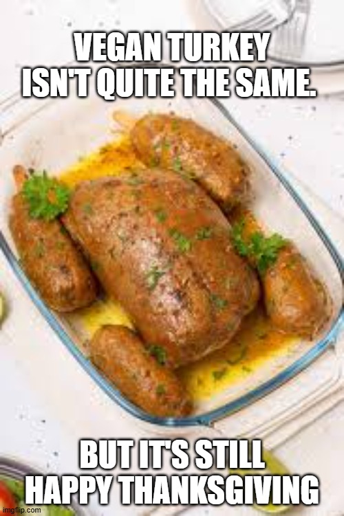 Vegan turkey isn't quite the same but it's still THANKSGIVING. | VEGAN TURKEY ISN'T QUITE THE SAME. BUT IT'S STILL HAPPY THANKSGIVING | image tagged in funny,humor,vegan,turkey,thanksgiving,vegetarians | made w/ Imgflip meme maker