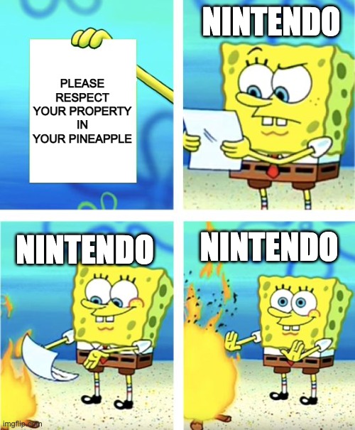 Nintendo | NINTENDO; PLEASE RESPECT YOUR PROPERTY IN YOUR PINEAPPLE; NINTENDO; NINTENDO | image tagged in spongebob burning paper | made w/ Imgflip meme maker