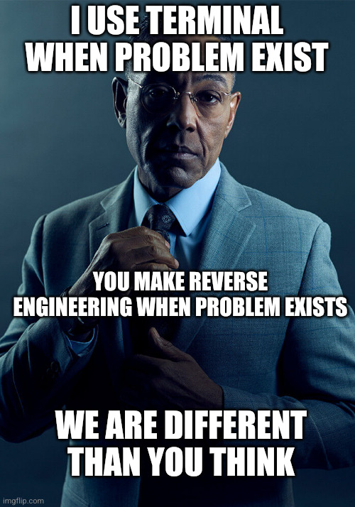 Gus Fring we are not the same | I USE TERMINAL WHEN PROBLEM EXIST; YOU MAKE REVERSE ENGINEERING WHEN PROBLEM EXISTS; WE ARE DIFFERENT THAN YOU THINK | image tagged in gus fring we are not the same | made w/ Imgflip meme maker