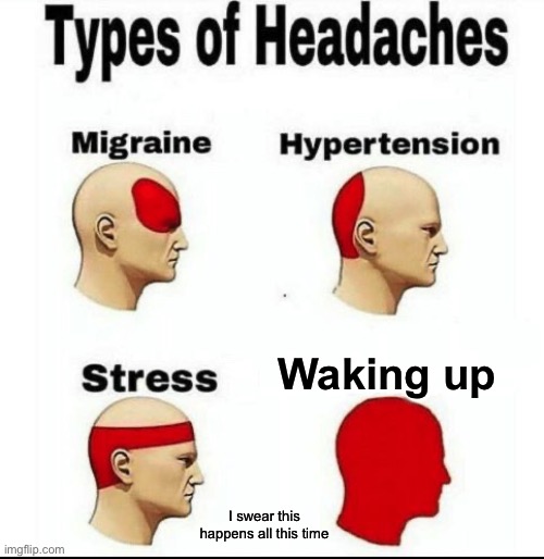 Types of Headaches meme | Waking up; I swear this happens all this time | image tagged in types of headaches meme | made w/ Imgflip meme maker