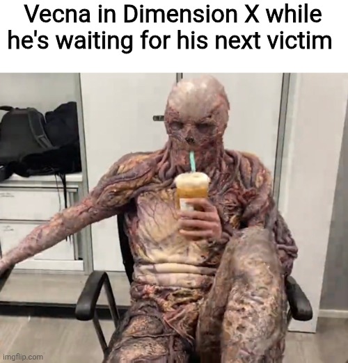 Happy Stranger Things Season 5 dayyyyy! | Vecna in Dimension X while he's waiting for his next victim | image tagged in vecna chilling,stranger things,season 5,stranger things day | made w/ Imgflip meme maker