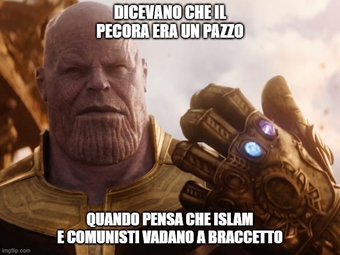 Thanos Smile | DICEVANO CHE IL PECORA ERA UN PAZZO; QUANDO PENSA CHE ISLAM E COMUNISTI VADANO A BRACCETTO | image tagged in thanos smile | made w/ Imgflip meme maker