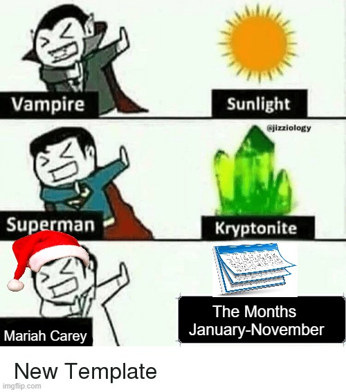 Give good title in comments | The Months
 January-November; Mariah Carey | image tagged in vampire superman meme | made w/ Imgflip meme maker