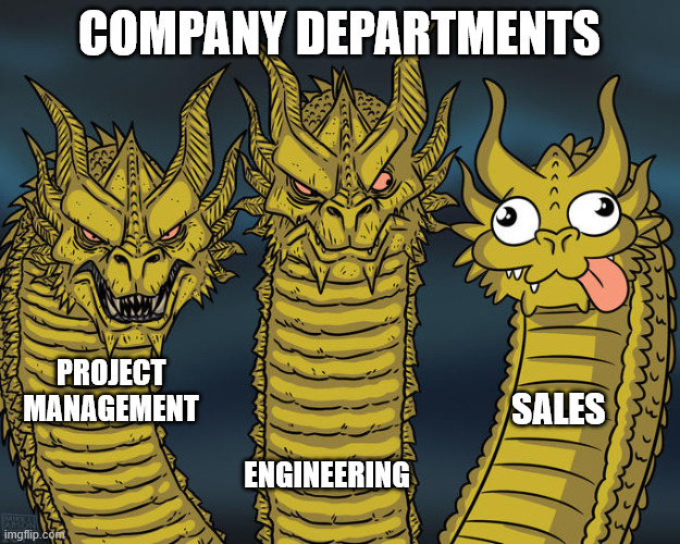 Three-headed Dragon | COMPANY DEPARTMENTS; PROJECT
MANAGEMENT; SALES; ENGINEERING | image tagged in dragons,project management,sales,engineering,project manager | made w/ Imgflip meme maker