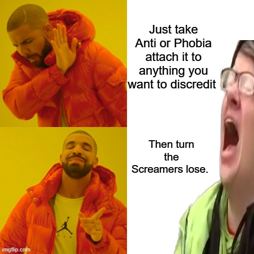 There's the whole dem plan, it's all they got. No real policy that would fix anything. Just screaming. | Just take Anti or Phobia attach it to anything you want to discredit; Then turn the Screamers lose. | image tagged in memes,drake hotline bling | made w/ Imgflip meme maker