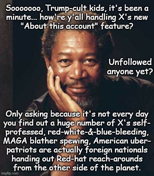 Y'all okay? | Sooooooo, Trump-cult kids, it's been a
minute... how're y'all handling X's new
"About this account" feature? Unfollowed
anyone yet? Only asking because it's not every day
you find out a huge number of X's self-
professed, red-white-&-blue-bleeding,
MAGA blather spewing, American uber-
patriots are actually foreign nationals
handing out Red-hat reach-arounds
from the other side of the planet. | image tagged in scammers,bots,x fakers,who's footing the bill,dupes | made w/ Imgflip meme maker