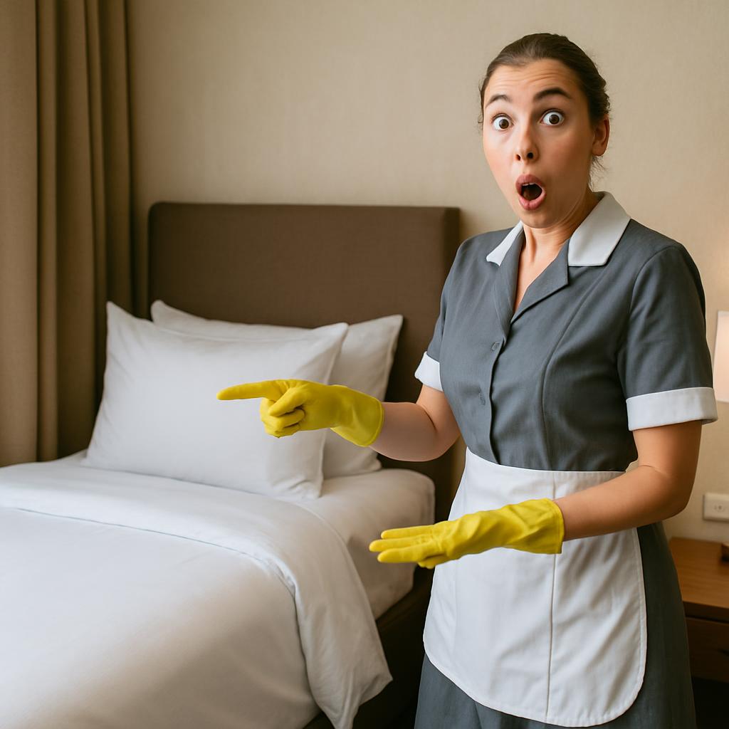 a room service woman points to the bed in a surprised facial exp Blank Meme Template
