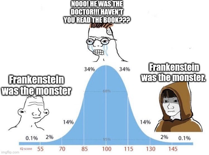 Bell Curve | NOOO! HE WAS THE DOCTOR!!! HAVEN'T YOU READ THE BOOK??? Frankenstein was the monster. Frankenstein was the monster | image tagged in bell curve | made w/ Imgflip meme maker