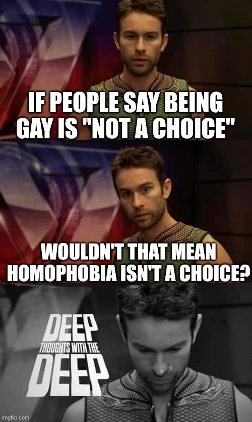interesting | IF PEOPLE SAY BEING GAY IS "NOT A CHOICE"; WOULDN'T THAT MEAN HOMOPHOBIA ISN'T A CHOICE? | image tagged in deep thoughts with the deep,weiner | made w/ Imgflip meme maker