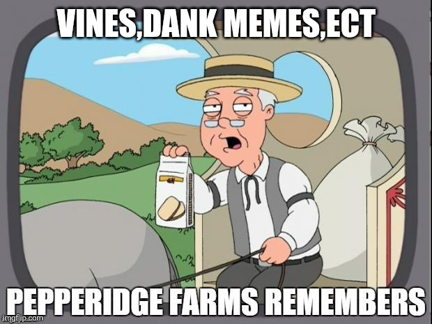 VINES,DANK MEMES,ECT | image tagged in pepperidge farms remembers | made w/ Imgflip meme maker
