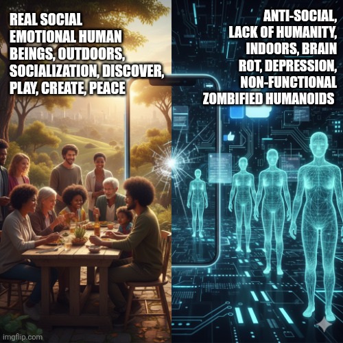 Real vs cyber worlds societies | ANTI-SOCIAL, LACK OF HUMANITY,  INDOORS, BRAIN ROT, DEPRESSION,  NON-FUNCTIONAL ZOMBIFIED HUMANOIDS; REAL SOCIAL EMOTIONAL HUMAN BEINGS, OUTDOORS, SOCIALIZATION, DISCOVER, PLAY, CREATE, PEACE | image tagged in humanity,human connection,society,family life,friendship,love | made w/ Imgflip meme maker