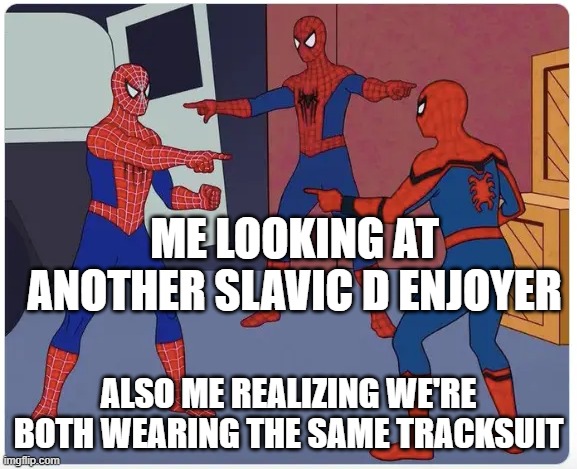 Spider Man Mexican Standoff | ME LOOKING AT ANOTHER SLAVIC D ENJOYER; ALSO ME REALIZING WE'RE BOTH WEARING THE SAME TRACKSUIT | image tagged in spider man mexican standoff,slavic lives matter,black lives matter | made w/ Imgflip meme maker