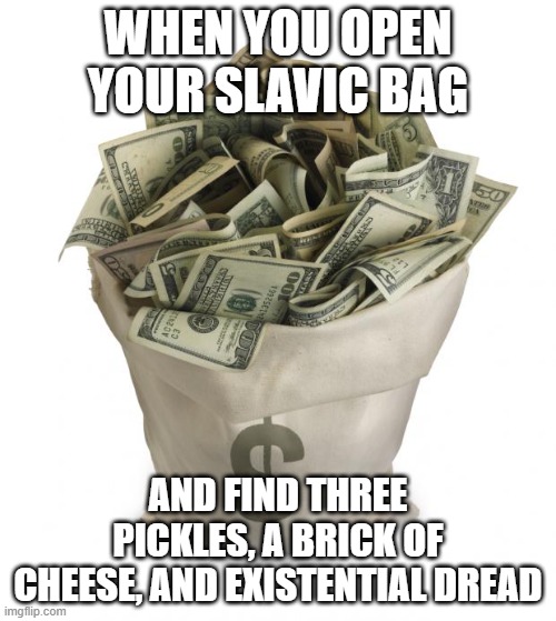 Bag of money | WHEN YOU OPEN YOUR SLAVIC BAG; AND FIND THREE PICKLES, A BRICK OF CHEESE, AND EXISTENTIAL DREAD | image tagged in bag of money,slavic lives matter,black lives matter | made w/ Imgflip meme maker