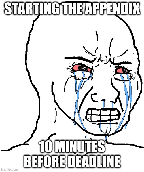 cry wojak | STARTING THE APPENDIX; 10 MINUTES BEFORE DEADLINE | image tagged in cry wojak | made w/ Imgflip meme maker