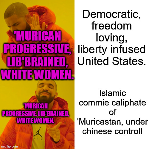 This is your future Lib'brains. Enjoy the chinese/islamic grape sessions. Under caliphates law No more abortion 4 U progressive! | Democratic, freedom loving, liberty infused United States. 'MURICAN PROGRESSIVE, LIB'BRAINED, WHITE WOMEN. Islamic commie caliphate of 'Muricastan, under chinese control! 'MURICAN PROGRESSIVE, LIB'BRAINED, WHITE WOMEN. | image tagged in memes,drake hotline bling,progressives,democracy,freedom,liberty | made w/ Imgflip meme maker