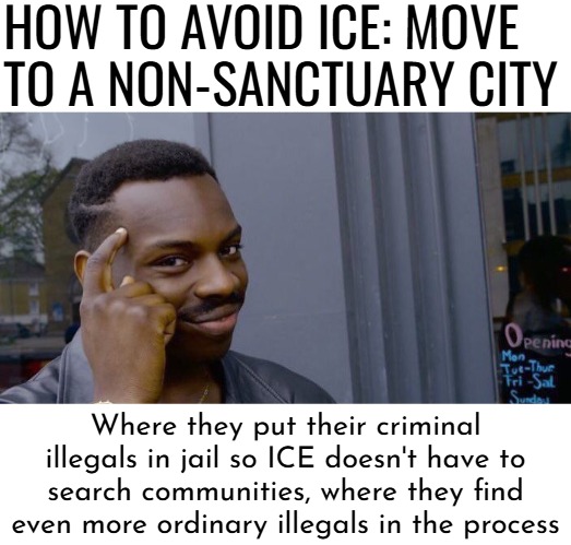 They find ONE illegal with a warrant at a work place, and the entire place gets cleaned. Which is good, so keep on the blue work | HOW TO AVOID ICE: MOVE TO A NON-SANCTUARY CITY; Where they put their criminal illegals in jail so ICE doesn't have to search communities, where they find even more ordinary illegals in the process | image tagged in memes,roll safe think about it,illegal immigrants,deportation,american politics | made w/ Imgflip meme maker