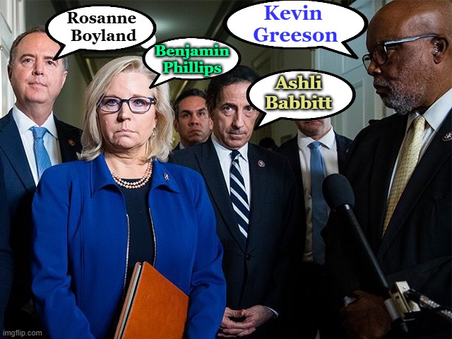 J6 Committee | Kevin 
Greeson; Rosanne 
Boyland; Benjamin
Phillips; Ashli
Babbitt | image tagged in j6 committee | made w/ Imgflip meme maker