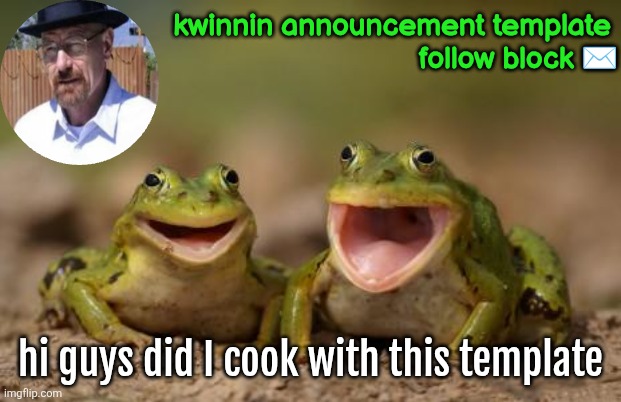 Kwinnin frog template | kwinnin announcement template 
follow block ✉️; hi guys did I cook with this template | image tagged in two happy frogs | made w/ Imgflip meme maker