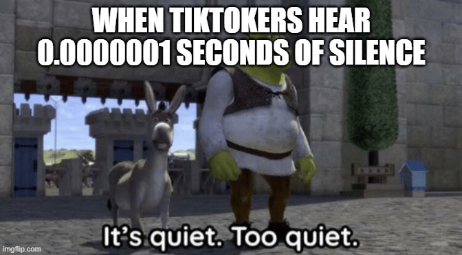 LOL | WHEN TIKTOKERS HEAR 0.0000001 SECONDS OF SILENCE | image tagged in it s quiet too quiet shrek | made w/ Imgflip meme maker