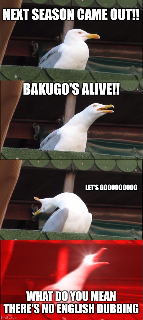 POV Me Watching MHA (part 2) | NEXT SEASON CAME OUT!! BAKUGO'S ALIVE!! LET'S GOOOOOOOOO; WHAT DO YOU MEAN THERE'S NO ENGLISH DUBBING | image tagged in memes,inhaling seagull,mha,anime | made w/ Imgflip meme maker