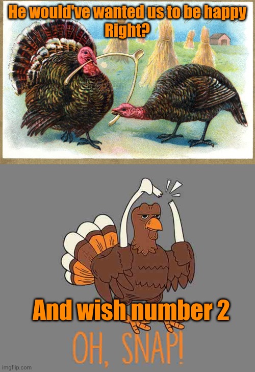 He would've wanted us to be happy
Right? And wish number 2 | image tagged in wishbone | made w/ Imgflip meme maker