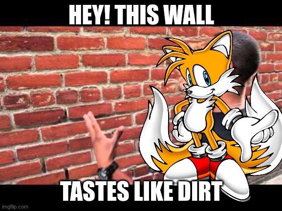 This wall tastes like dirt! | HEY! THIS WALL; TASTES LIKE DIRT | image tagged in brick wall guy | made w/ Imgflip meme maker