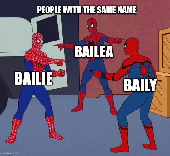 when you see someone with the same name as you | PEOPLE WITH THE SAME NAME; BAILEA; BAILIE; BAILY | image tagged in spider man triple | made w/ Imgflip meme maker