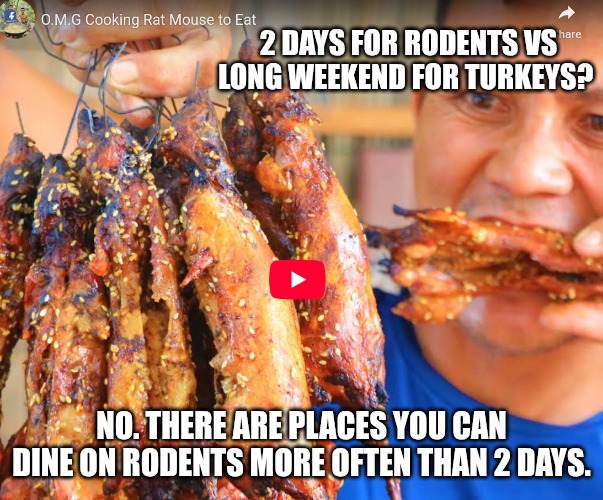 2 DAYS FOR RODENTS VS LONG WEEKEND FOR TURKEYS? NO. THERE ARE PLACES YOU CAN DINE ON RODENTS MORE OFTEN THAN 2 DAYS. | made w/ Imgflip meme maker