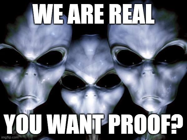 grey aliens | WE ARE REAL; YOU WANT PROOF? | image tagged in grey aliens | made w/ Imgflip meme maker
