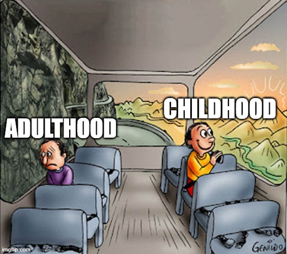 Two guys on a bus | CHILDHOOD; ADULTHOOD | image tagged in two guys on a bus | made w/ Imgflip meme maker