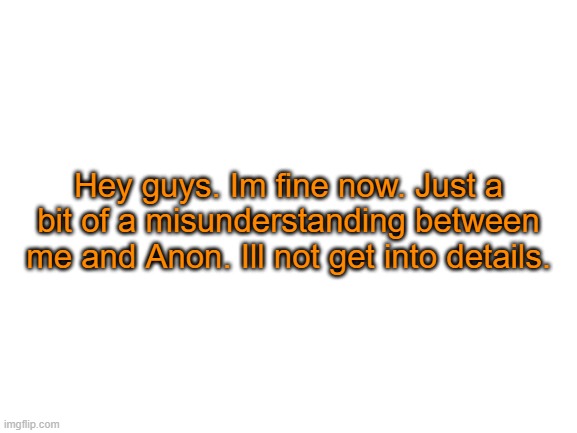 And to Eggy: How about you learn to think before you text, Nitwit. | Hey guys. Im fine now. Just a bit of a misunderstanding between me and Anon. Ill not get into details. | image tagged in blank white template | made w/ Imgflip meme maker