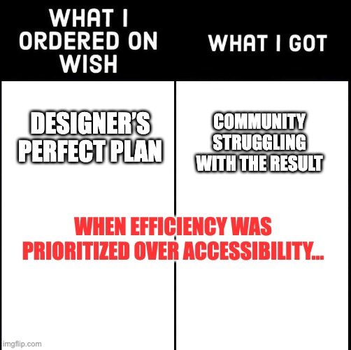 what I ordered on wish and what I got | COMMUNITY STRUGGLING WITH THE RESULT; DESIGNER’S PERFECT PLAN; WHEN EFFICIENCY WAS PRIORITIZED OVER ACCESSIBILITY… | image tagged in what i ordered on wish and what i got | made w/ Imgflip meme maker