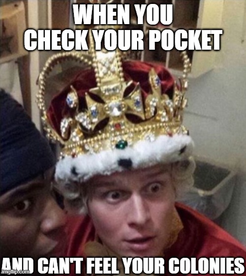 King George Panicked Mentallity | WHEN YOU CHECK YOUR POCKET; AND CAN'T FEEL YOUR COLONIES | image tagged in king george panicked mentallity | made w/ Imgflip meme maker