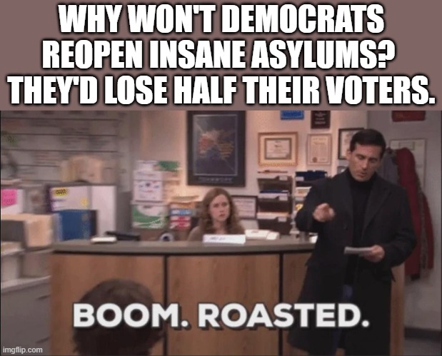 WHY WON'T DEMOCRATS REOPEN INSANE ASYLUMS?  THEY'D LOSE HALF THEIR VOTERS. | made w/ Imgflip meme maker