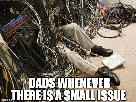 Reletable | DADS WHENEVER THERE IS A SMALL ISSUE | image tagged in cable management | made w/ Imgflip meme maker