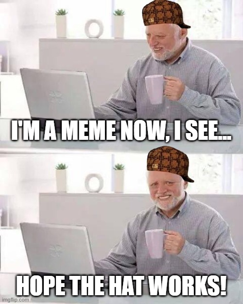 Drip pt. 34 | I'M A MEME NOW, I SEE... HOPE THE HAT WORKS! | image tagged in memes,hide the pain harold,funny,fun,drip,stop reading the tags | made w/ Imgflip meme maker