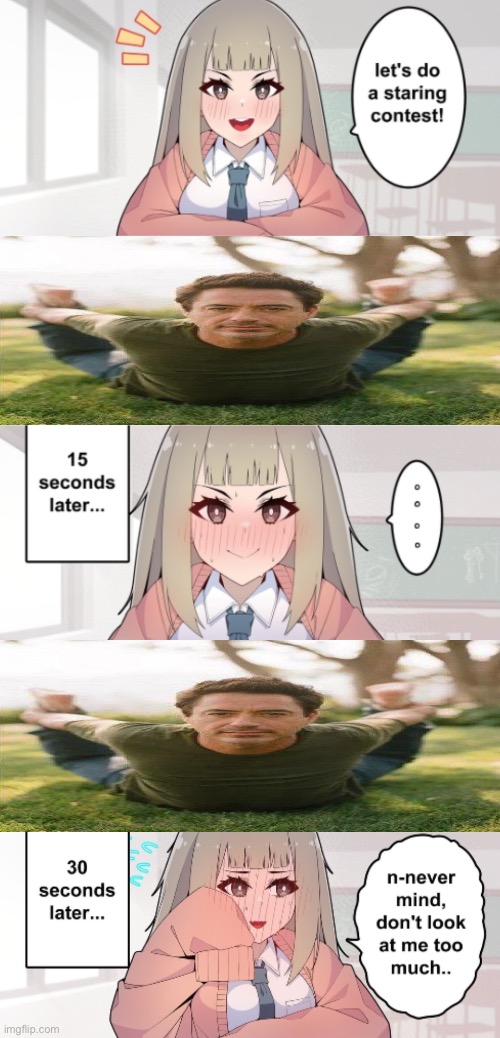 a | image tagged in staring contest,robert downey jr | made w/ Imgflip meme maker