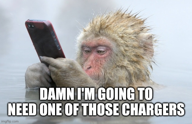 monkey cell phone | DAMN I'M GOING TO NEED ONE OF THOSE CHARGERS | image tagged in monkey cell phone | made w/ Imgflip meme maker