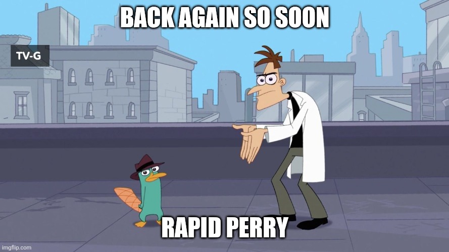 Godspeed Perry | BACK AGAIN SO SOON; RAPID PERRY | image tagged in perry destroyed the door | made w/ Imgflip meme maker