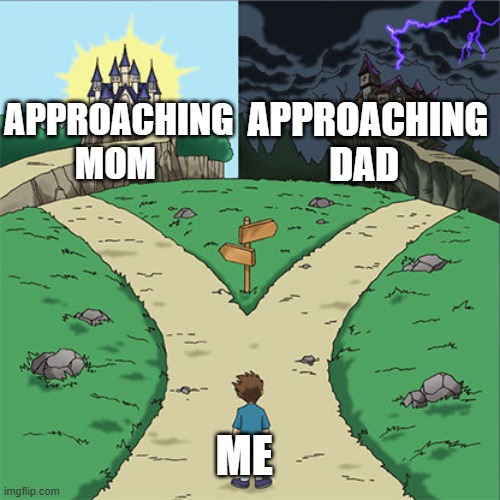 that obvios chocie | APPROACHING DAD; APPROACHING MOM; ME | image tagged in two paths | made w/ Imgflip meme maker