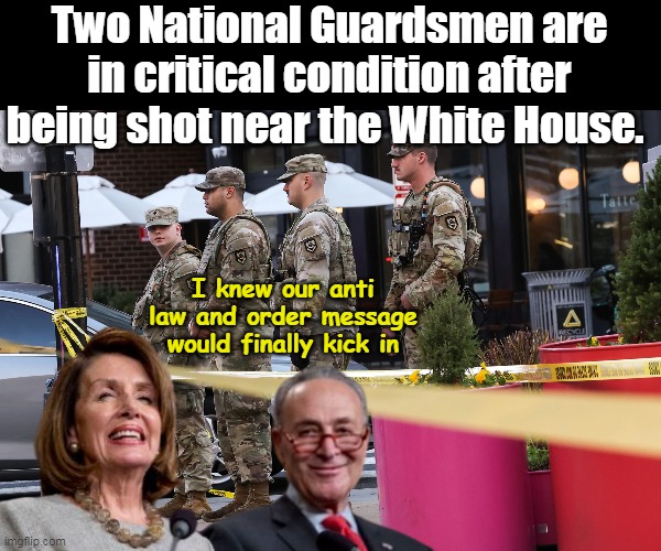 Probably shocked it took so long | Two National Guardsmen are in critical condition after being shot near the White House. I knew our anti law and order message would finally kick in | image tagged in national guardsmen shot meme | made w/ Imgflip meme maker