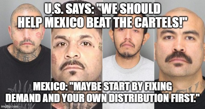 Should the US help Mexico beat the cartels? | U.S. SAYS: "WE SHOULD HELP MEXICO BEAT THE CARTELS!"; MEXICO: "MAYBE START BY FIXING DEMAND AND YOUR OWN DISTRIBUTION FIRST." | image tagged in mexican cartels,mexico,mexico wall,war on drugs,donald trump,cocaine is a hell of a drug | made w/ Imgflip meme maker