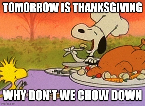 I invite you to chow down. (Btw it's also mine and my girlfriend's 3 month anniversary) | TOMORROW IS THANKSGIVING; WHY DON'T WE CHOW DOWN | image tagged in charlie brown thanksgiving,thanksgiving | made w/ Imgflip meme maker