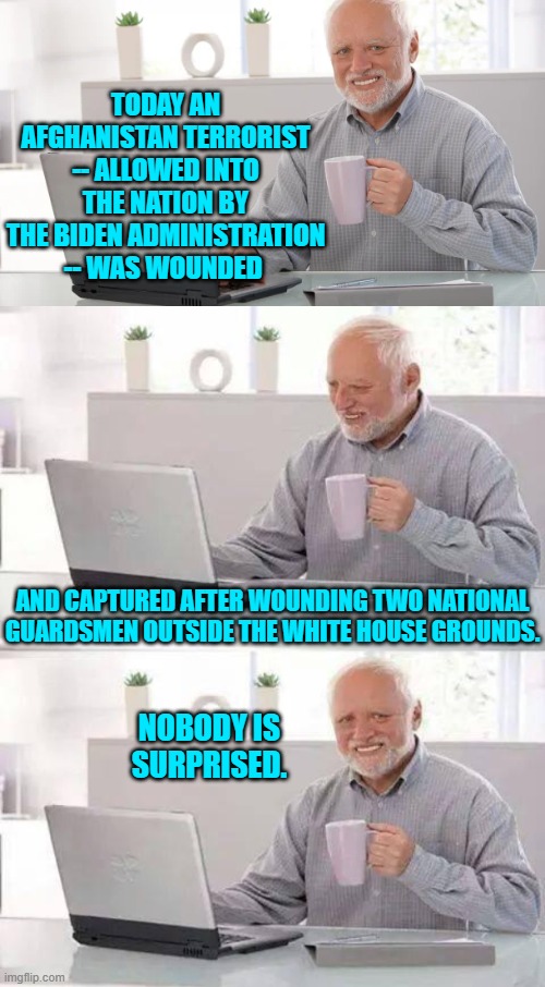 Cleaning up after leftist 'mistakes' is what conservatives DO. | TODAY AN AFGHANISTAN TERRORIST -- ALLOWED INTO THE NATION BY THE BIDEN ADMINISTRATION -- WAS WOUNDED; AND CAPTURED AFTER WOUNDING TWO NATIONAL GUARDSMEN OUTSIDE THE WHITE HOUSE GROUNDS. NOBODY IS SURPRISED. | image tagged in hide the pain harold | made w/ Imgflip meme maker