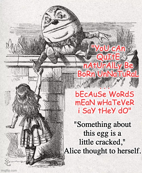 Humpty Dumpty | "YoU cAn QuItE nAtUrAlLy Be BoRn UnNaTuRaL . . . bEcAuSe WoRdS mEaN wHaTeVeR i SaY tHeY dO" "Something about this egg is a little cracked,"  | image tagged in humpty dumpty | made w/ Imgflip meme maker