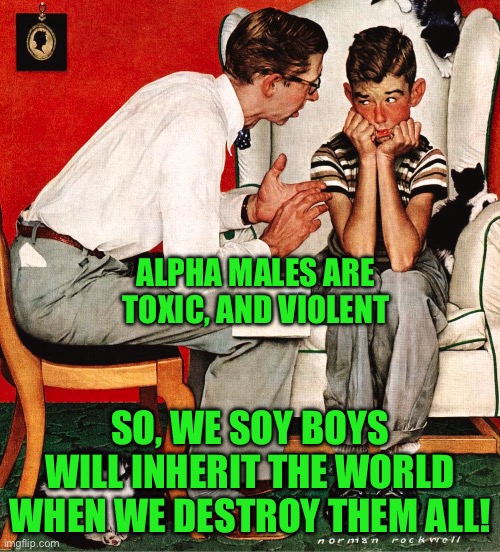 Rockwell | ALPHA MALES ARE TOXIC, AND VIOLENT; SO, WE SOY BOYS WILL INHERIT THE WORLD WHEN WE DESTROY THEM ALL! | image tagged in rockwell | made w/ Imgflip meme maker