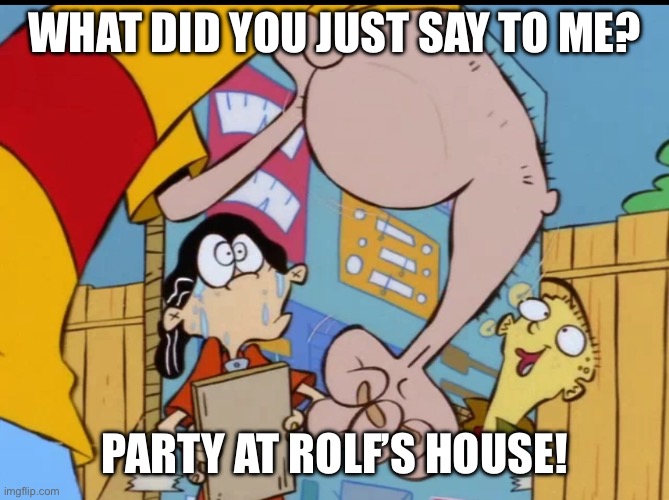 What did you just say to me, Ed boy? | WHAT DID YOU JUST SAY TO ME? PARTY AT ROLF’S HOUSE! | image tagged in rolf s arm,ed edd n eddy,party,ed edd n eddy rolf,rolf,fist | made w/ Imgflip meme maker